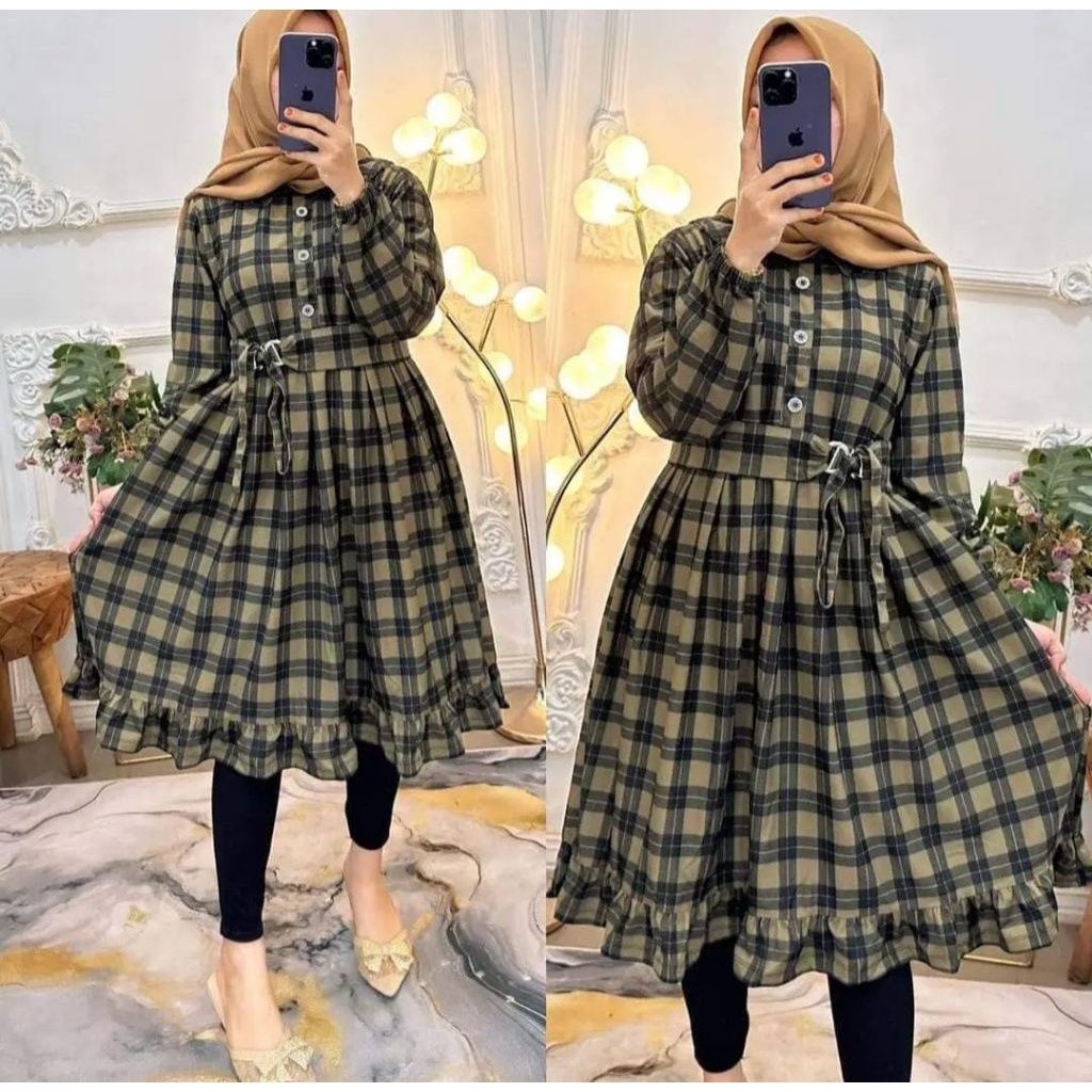 wyhomeshop-Tunik Belt Motif Kotak, tunik voxy kekinian