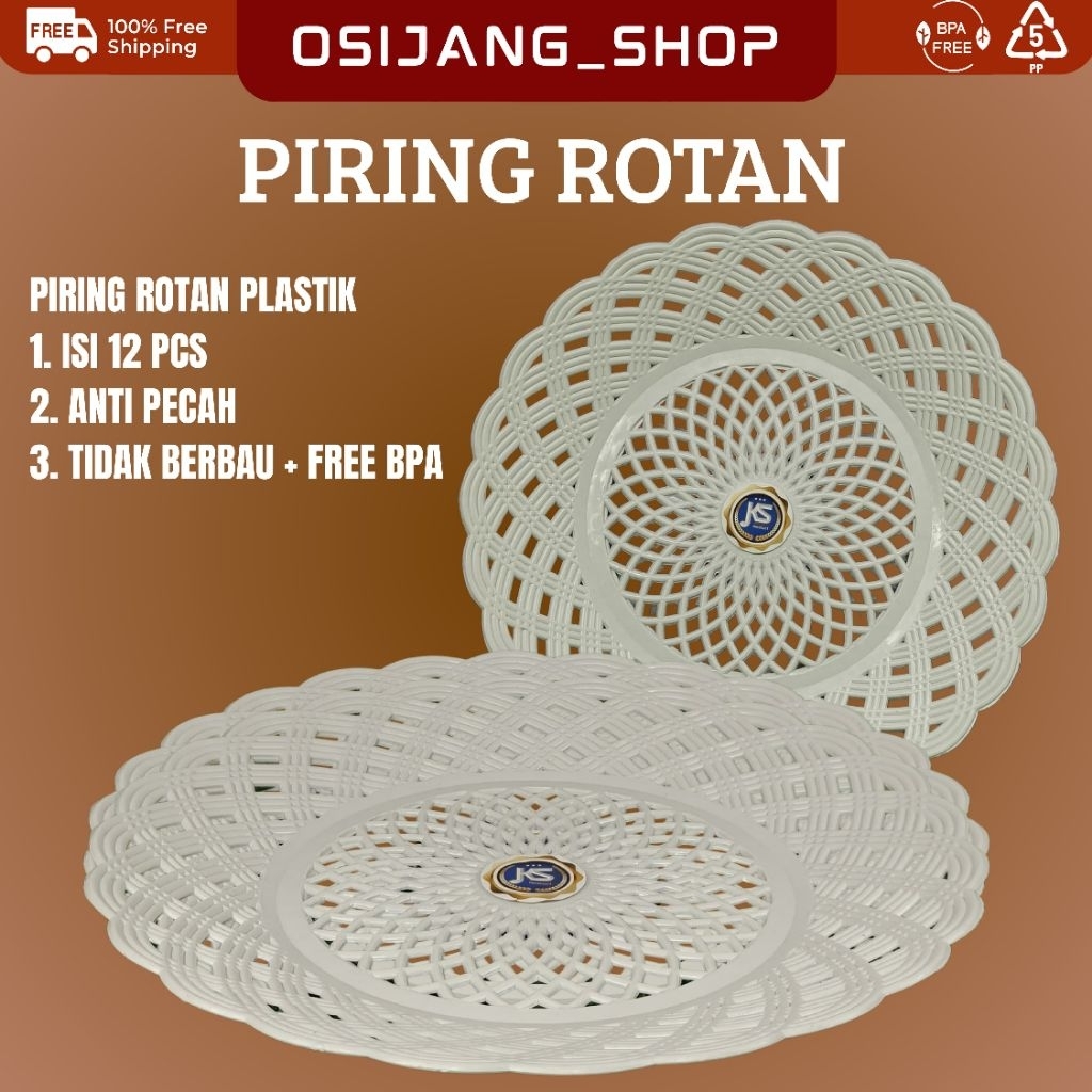 PIRING ROTAN PLASTIK 12 PCS (1 LUSIN) BPA FREE WARNA PUTIH