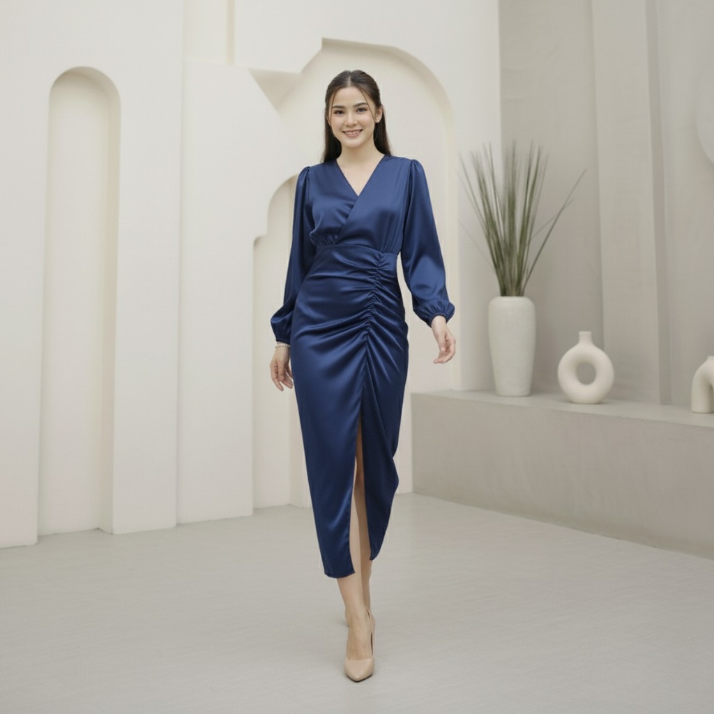 SB009 GAUN GEREJA SATIN GLOSY MEWAH | DRESS WANITA V NECK LENGAN PANJANG | DRESS KONDANGAN ELEGAN By