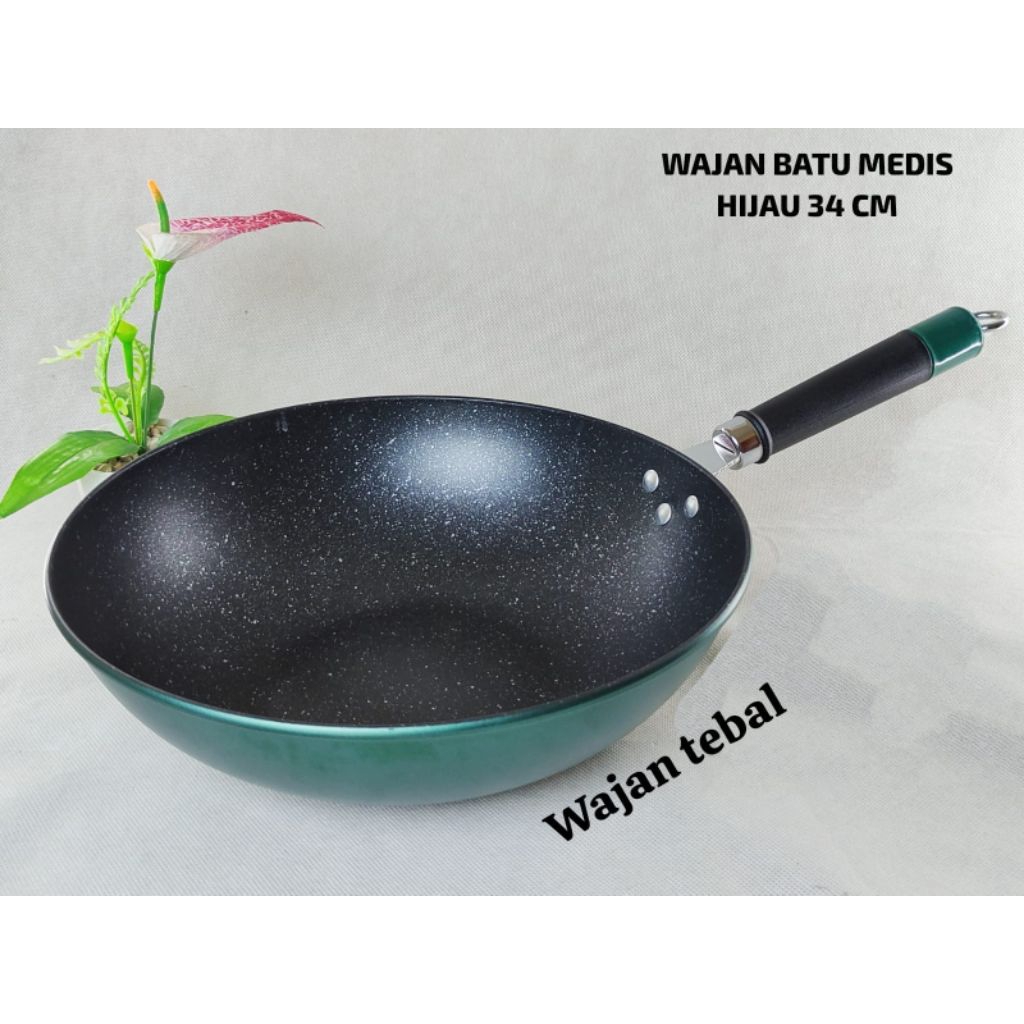 Wajan Batu Medis Hijau 34cm wajan anti lengket