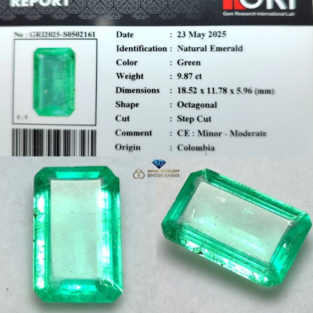 Hight Quality Big Size Natural Emerald 9.87 crt CE_Minor to Moderrate Colombia Id.card GRI.lab