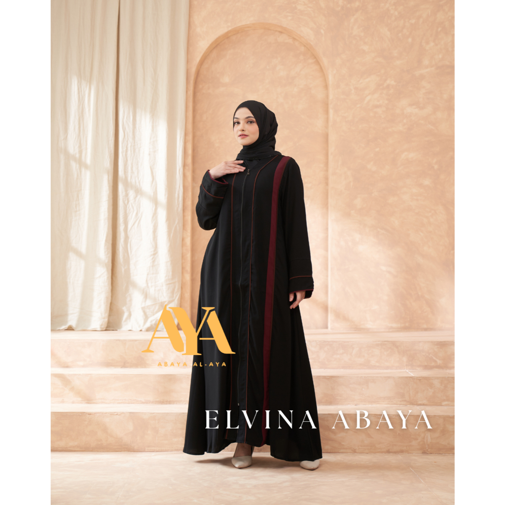 Abaya Al-AYA Elvina  Abaya model casual pesta modern syari, warna hitam pekat elegan, bahan jetblack