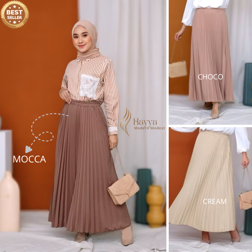 Rok Plisket Premium Mocca Coklat Cream Rok Plisket Mayung Panjang Wanita Muslim Bawahan Murah Hyget