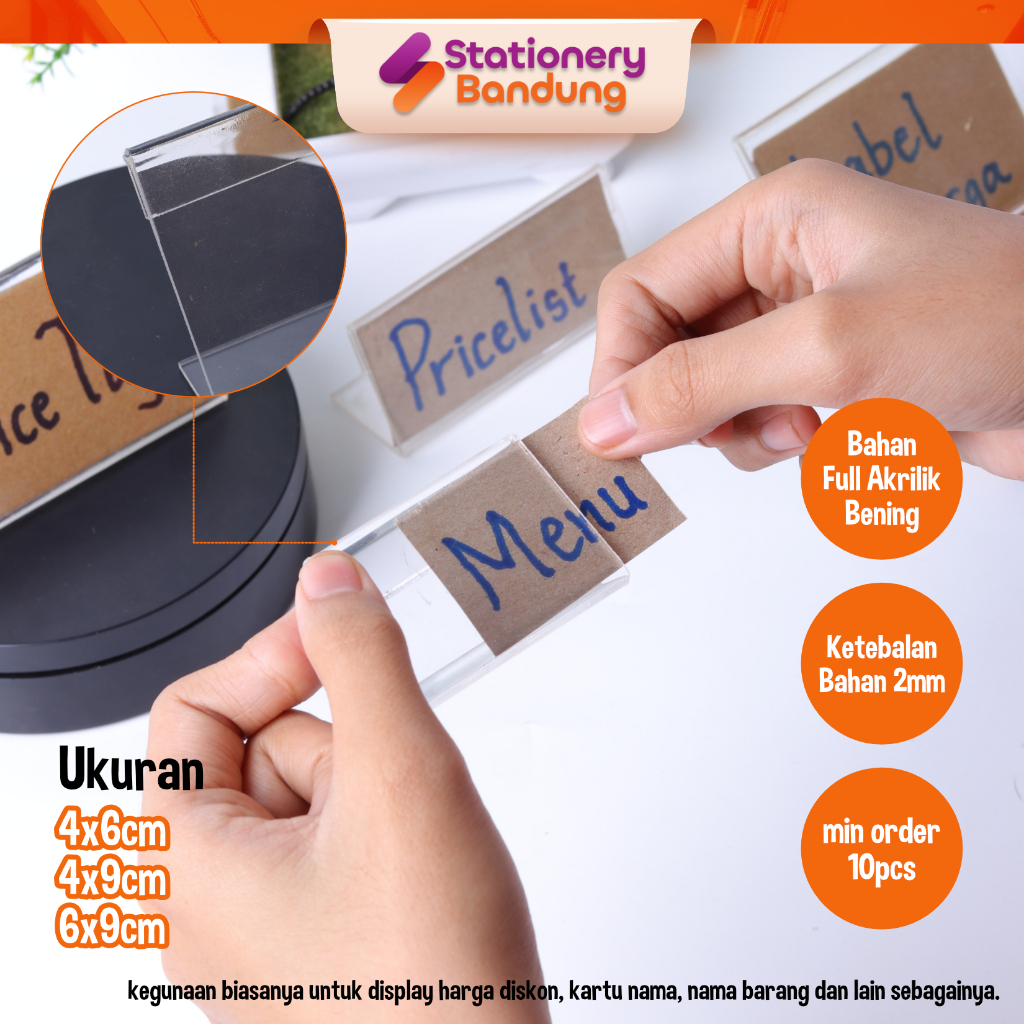 Acrylic akrilik price tag label nama tent card label harga lebel produk sudut siku bahan transparan 
