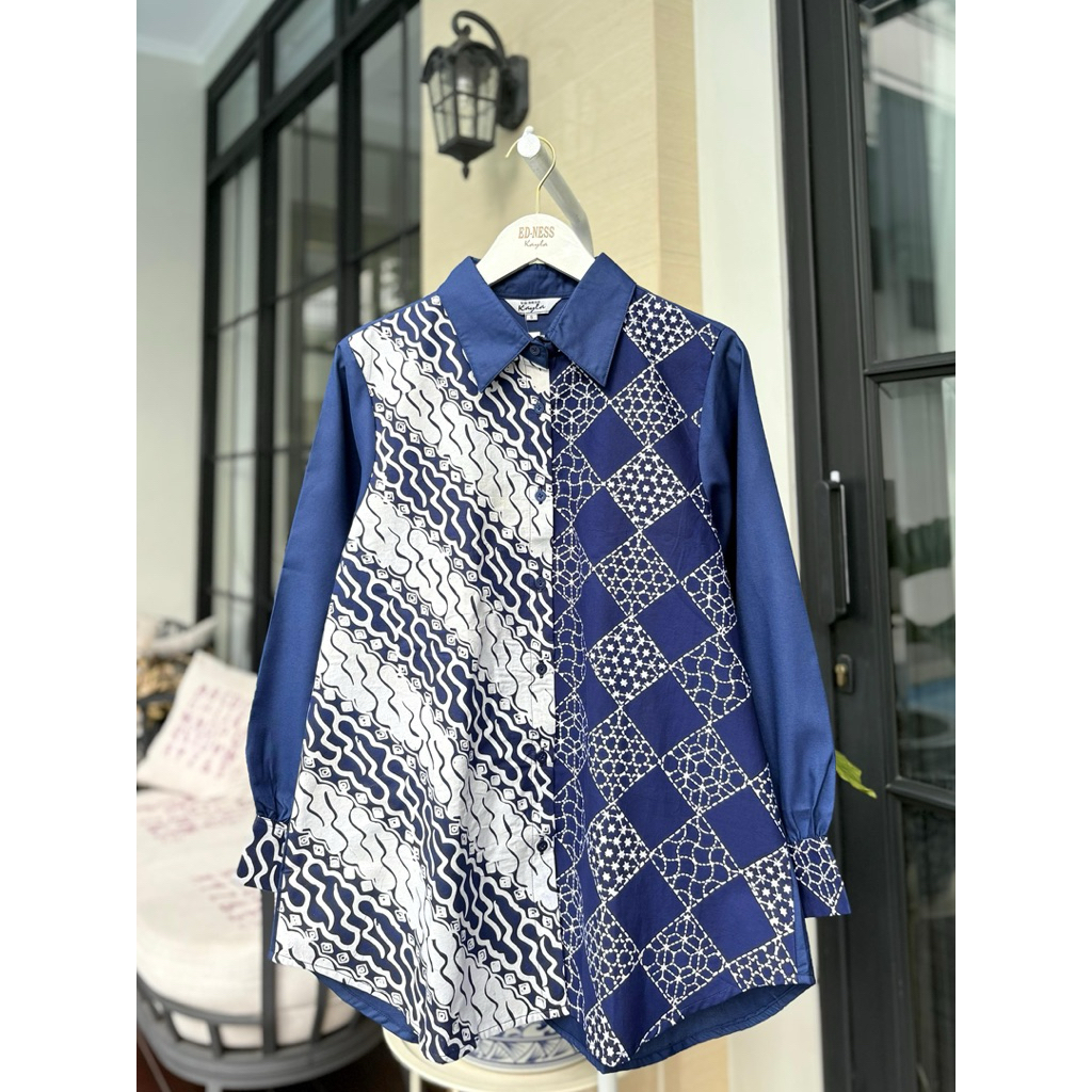 Kemeja katun ima tuyobo mix batik garutan siang malam  Batik lapis trikot Kancing depan full Krah ke