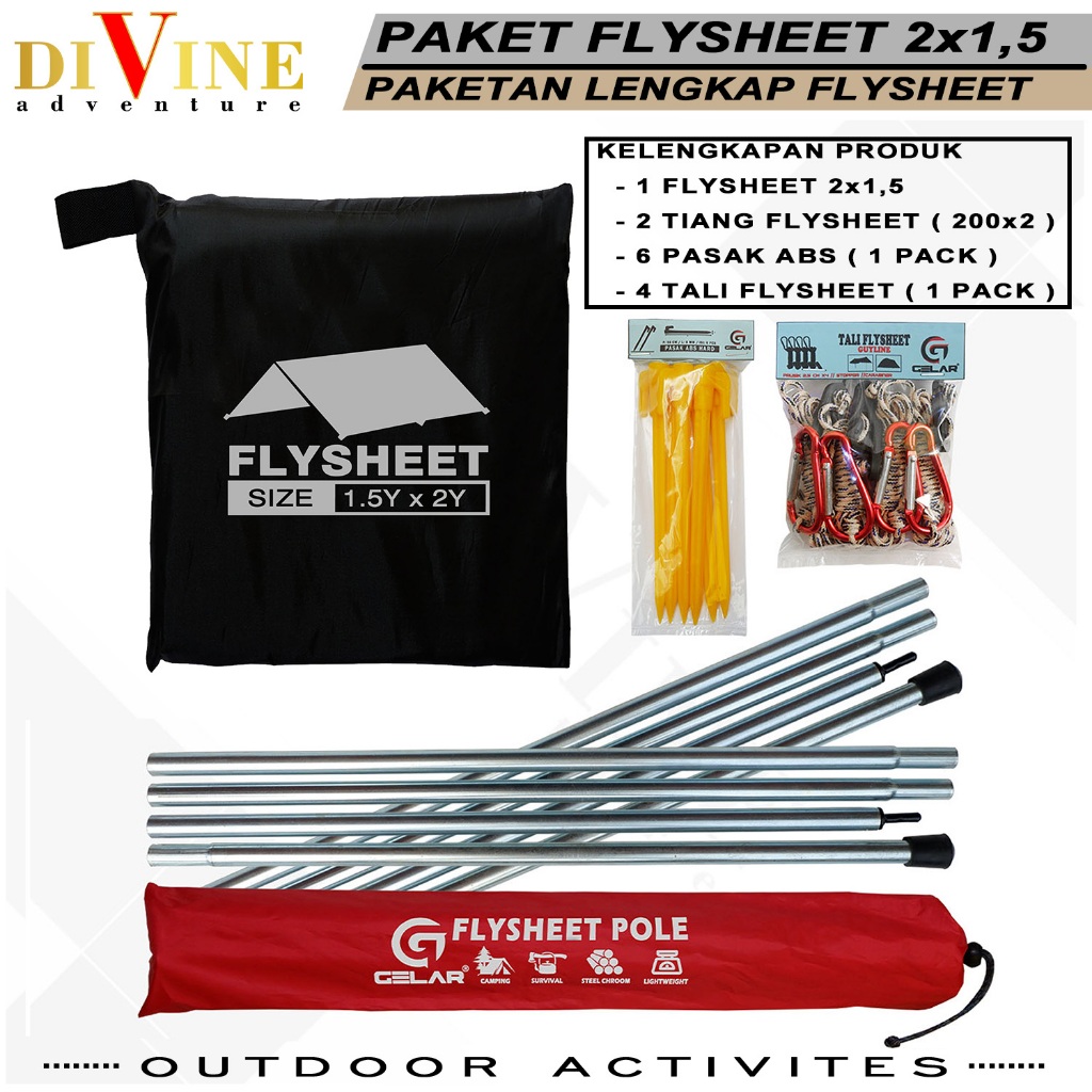 Paketan Flysheet Tenda Camping Size 2x1,5 Waterproof Lengkap 1 Flysheet 2x1,5 + 2 Tiang + 6 Pasak Ab