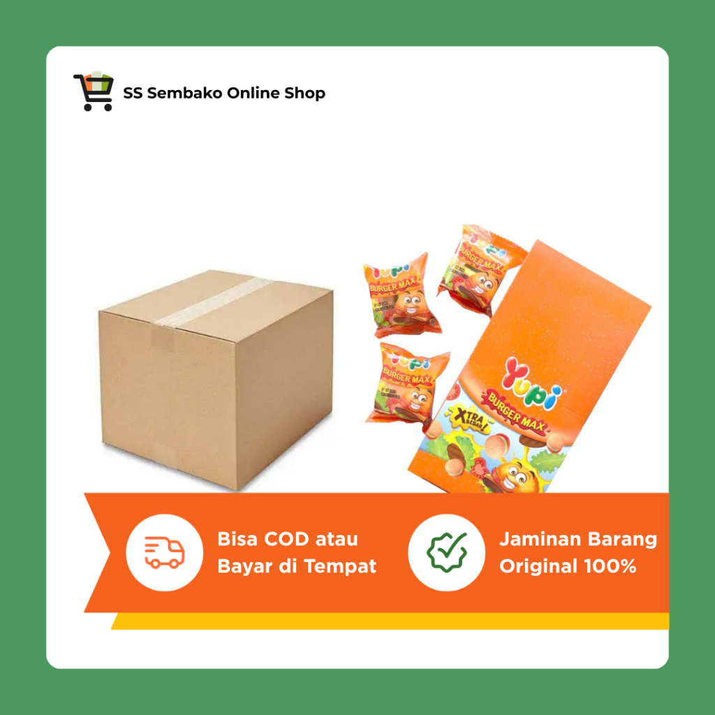Yupi Burger Max – Permen Gummy Rasa Buah Besar, Cemilan Sehat & Seru | 1 Karton Isi 20 Box (1 Box = 