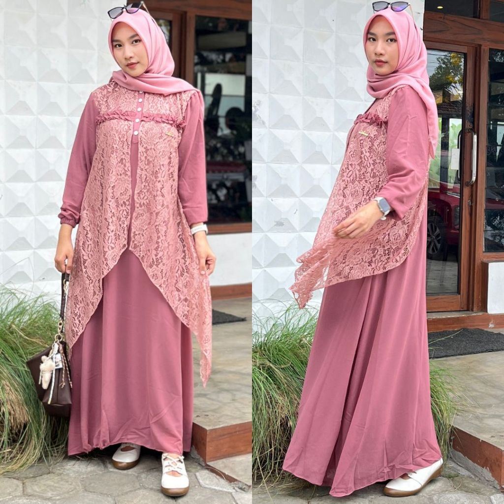 Gamis Brokat Kondangan Wanita Bahan Ceruty Set Hijab