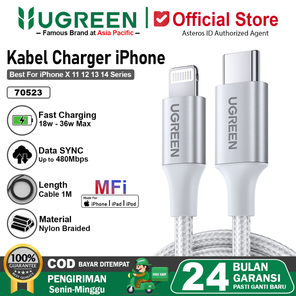 UGREEN Kabel Charger MFi For iPhone X XS XR 11 12 13 14 Pro Max USB Type C to Lightning Fast Chargin