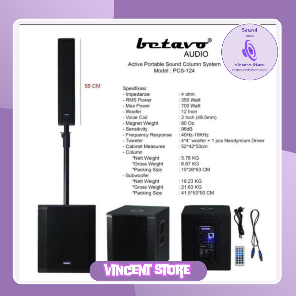 Speaker Aktif Column Betavo 12 INCH PCS 124 ORIGINAL GARANSI RESMI