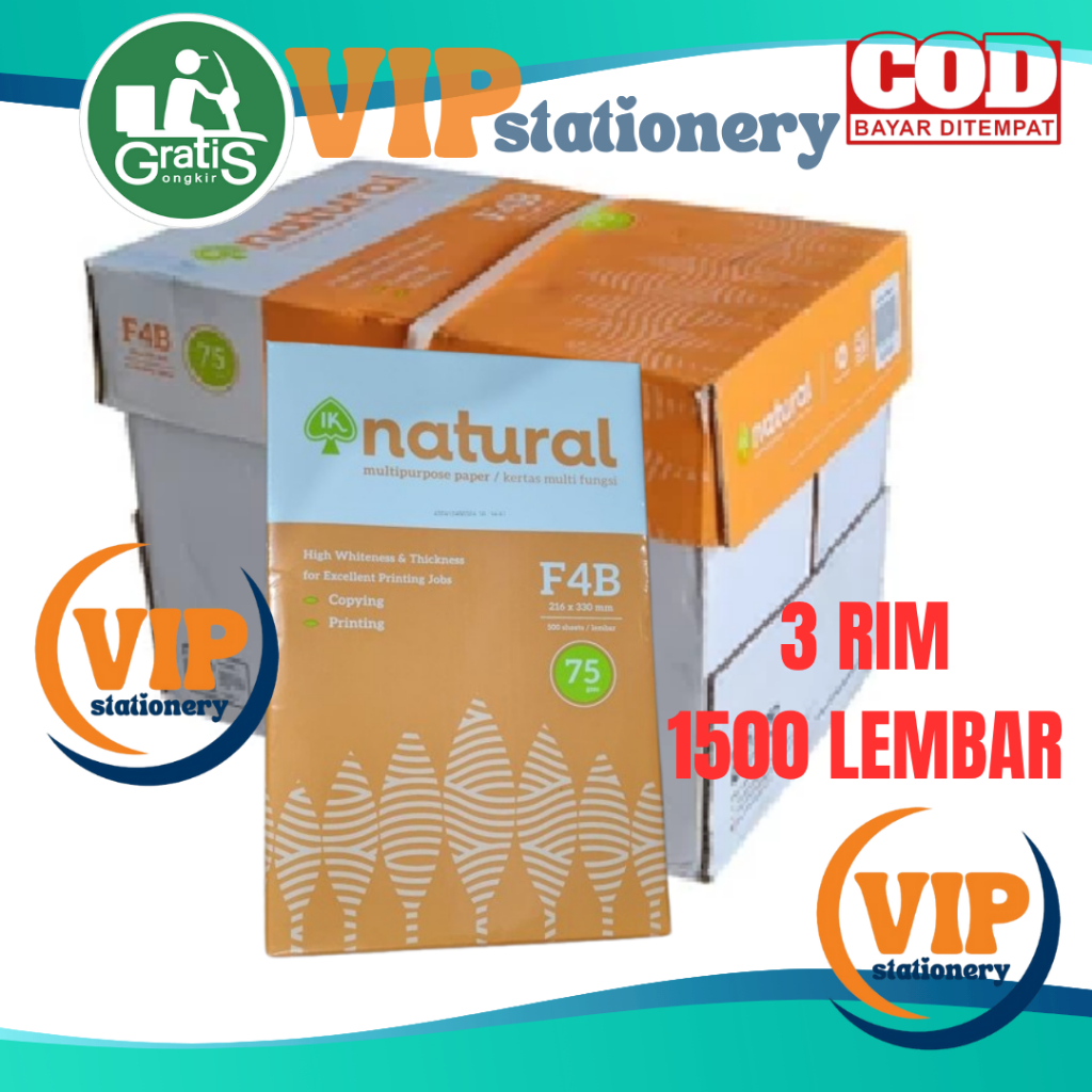 Kertas Natural F4 / 3 rim = 1500 lembar  Kertas HVS Natural F4/kertas fotokopi/kertas fotocopy/HVS F