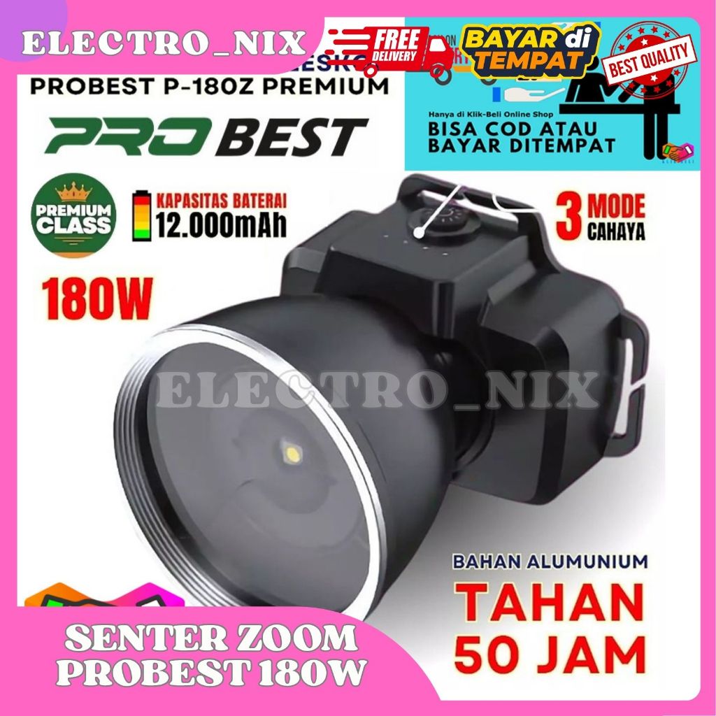 Senter Kepala PROBEST P-180Z 180W Teleskop Zoom Rechargeable / Senter Kepala ZOOM Murah / Senter Pro