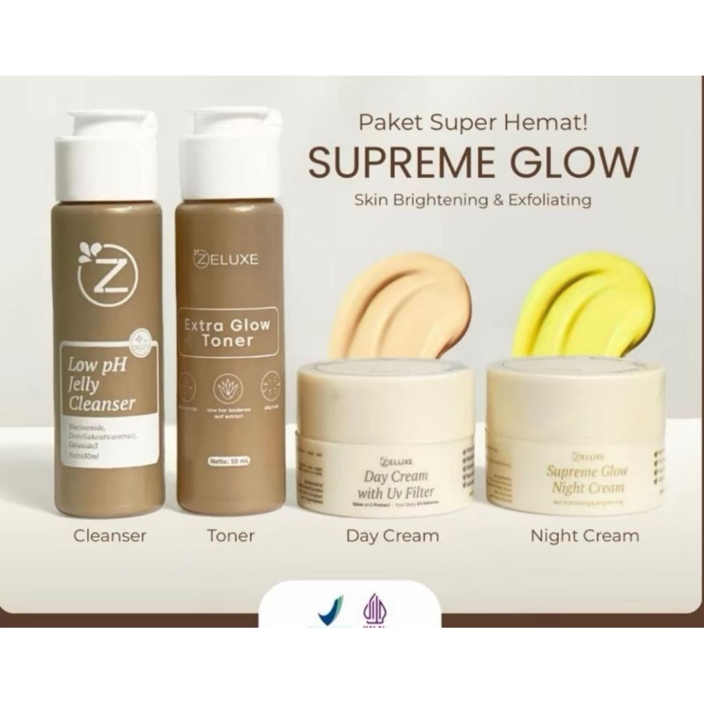 ZELUXE SUPREME GLOW BRIGHTENING PACKAGE PAKET PENCERAH EKSFOLIASI MENYAMARKAN BEKAS JERAWAT