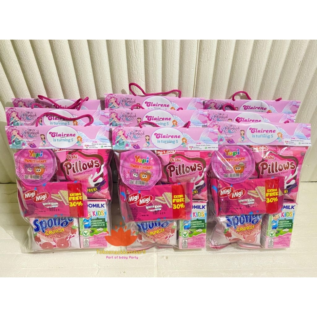 Paket ulang tahun serba pink custom label Snack ultah anak murah