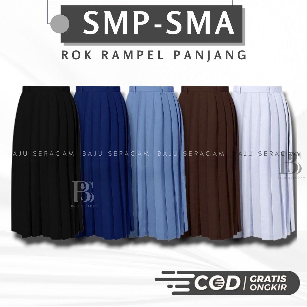 Baju Seragam Rok Panjang Rempel SMP SMA Rok Abu Biru Coklat Hitam Putih Bahan Katun Drill Premium