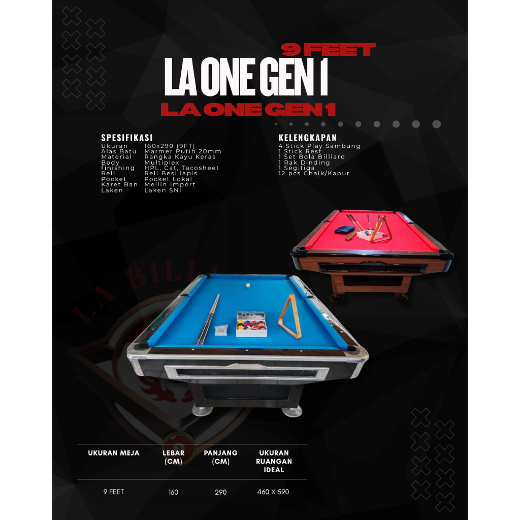 Meja Billiard 9 Feet LA ONE GEN 1 – Full Set Lengkap Premium (Stick, Bola, Rak, Kapur) | Meja Billia