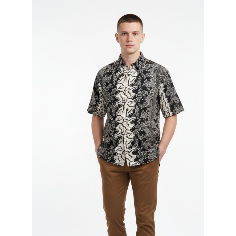 Kemeja Hem Batik Pria Lengan Pendek Hitam Putih 51 - Batik Nulaba