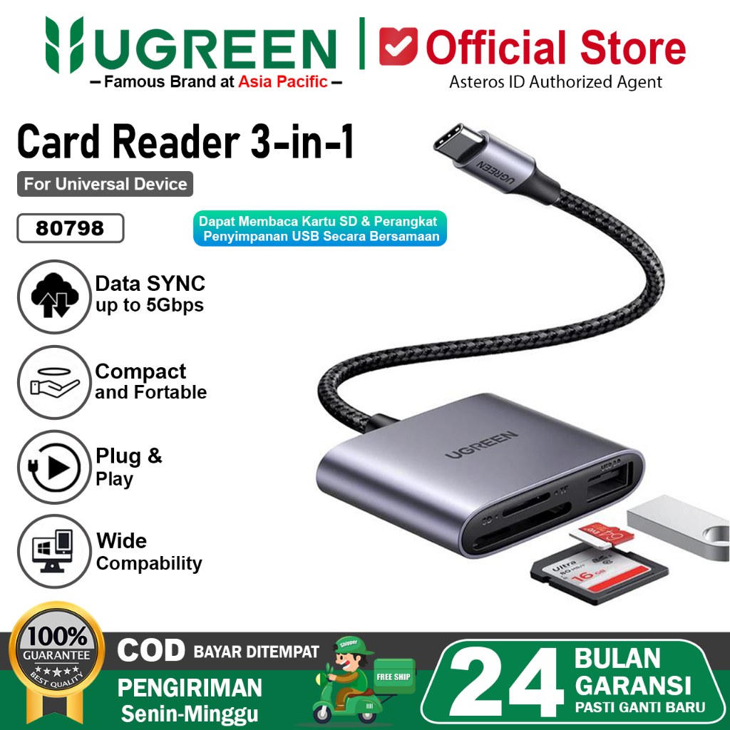 UGREEN Card Reader 3in1 USB Type C Ke USB A 2.0 SD TF Card 80798
