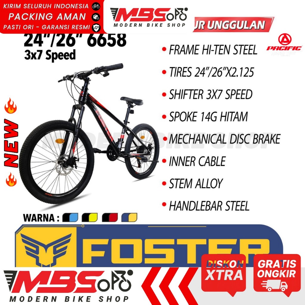 [TERBARU] Sepeda MTB 24 Pacific Foster 6658 | Sepeda Gunung Anak Remaja | 21 Speed | Rem Cakram | Fr