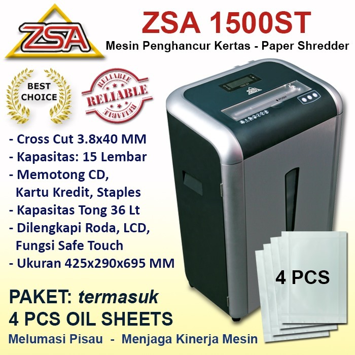 ZSA 1500ST Mesin penghancur kertas cross cut shredder 15 lembar kapasitas tong 36 liter