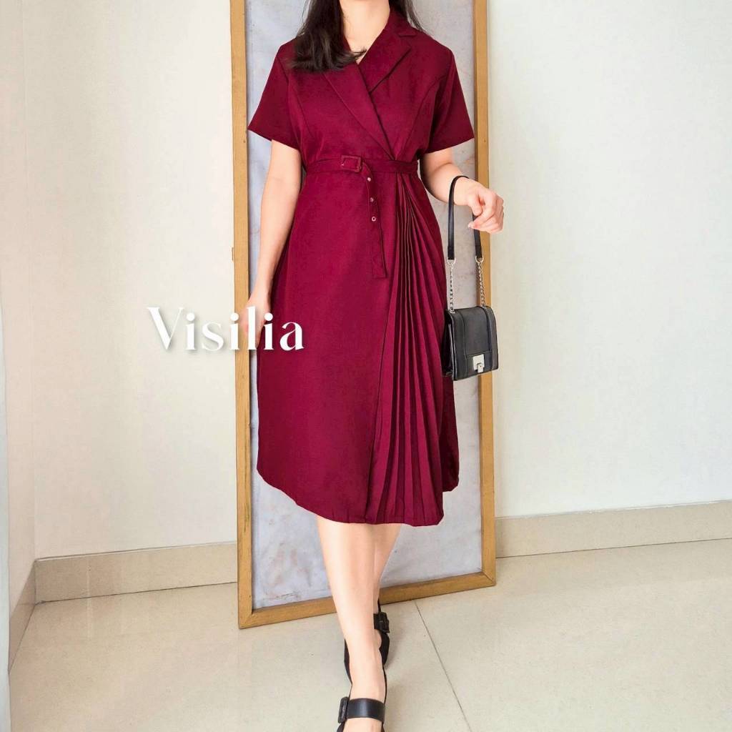 [VISILIA] Chelsea Pleated Dress | Korean Midi Dres Plisket Kerah Formal Elegant With Belt Bahan Katu