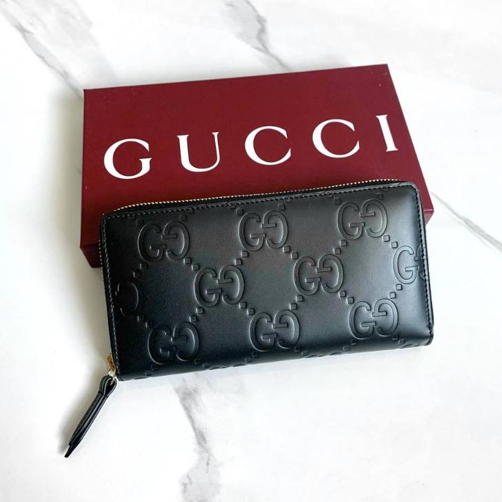 GG Logo Leather Zipper Long Wallet