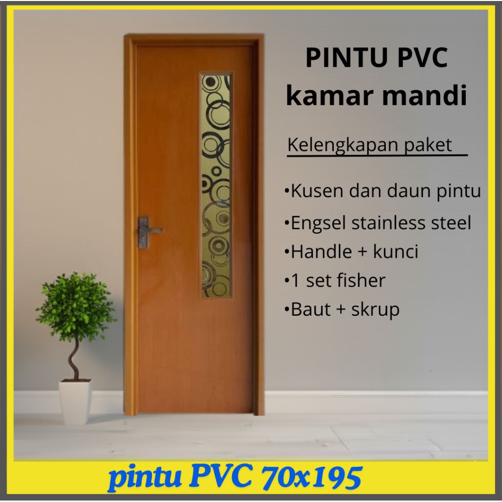 Pintu Kamar Mandi PVC Tebal + Cermin Motif Dan Handle Mewah
