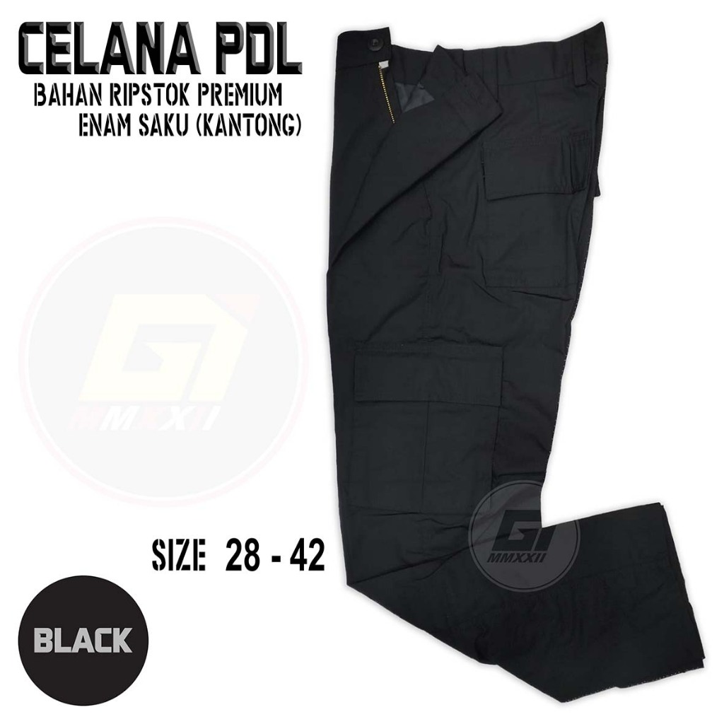 Celana PDL Hitam Saku 6 Bahan Ripstok Premium Size 28-42