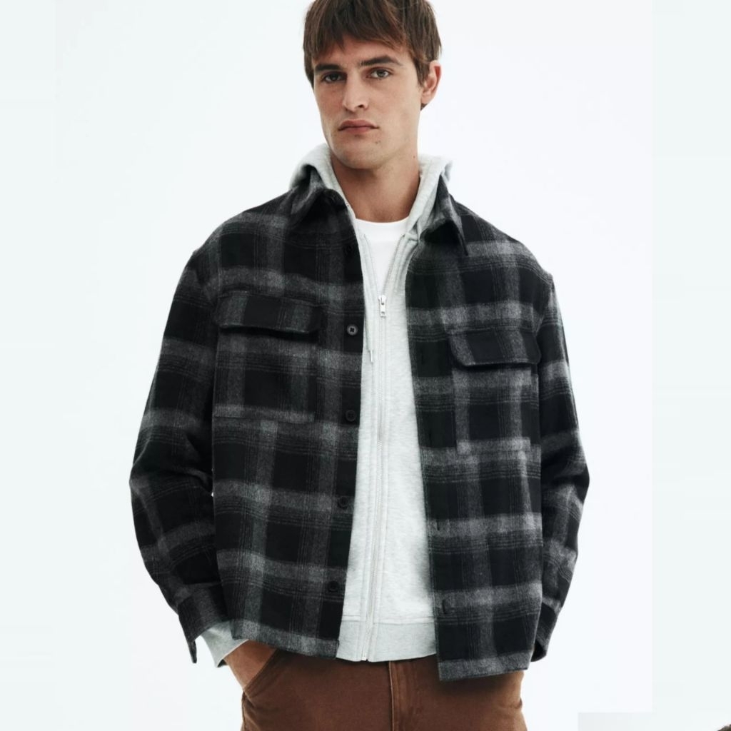 Kemeja Flanel Veterano hnm Reguler Fit Oversize Kemeja H&M Laki-laki