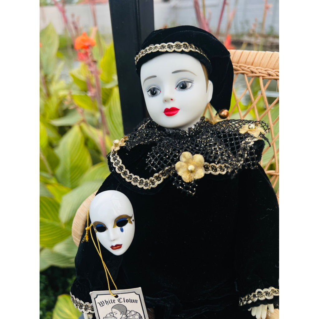 Musical Doll Porcelain White Clown Vintage Rare