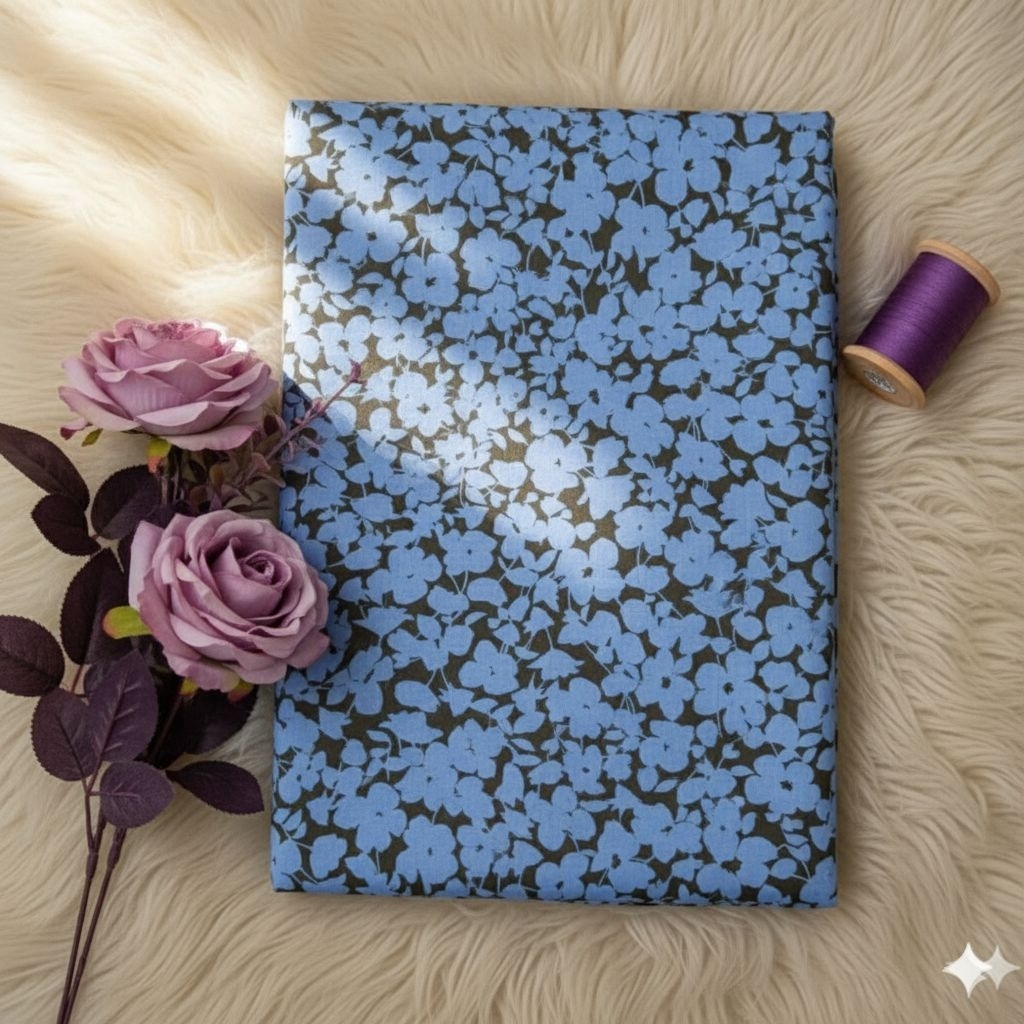 Kain Satin Silk Motif Bunga Biru Dongker / Cokelat | Bahan Gamis Dress Blouse Premium Lq