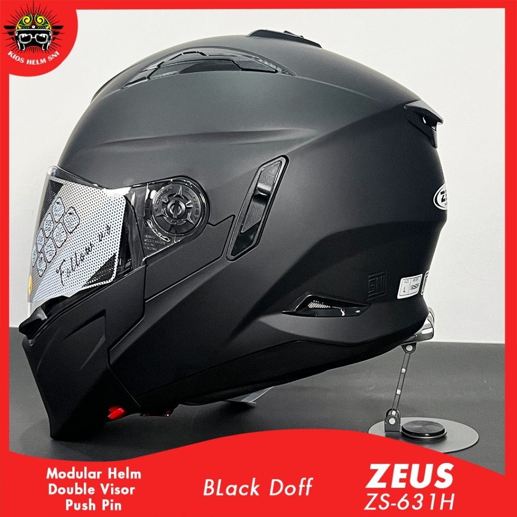 Helm Zeus ZS 613H warna hitam full face modular double visor intercom support
