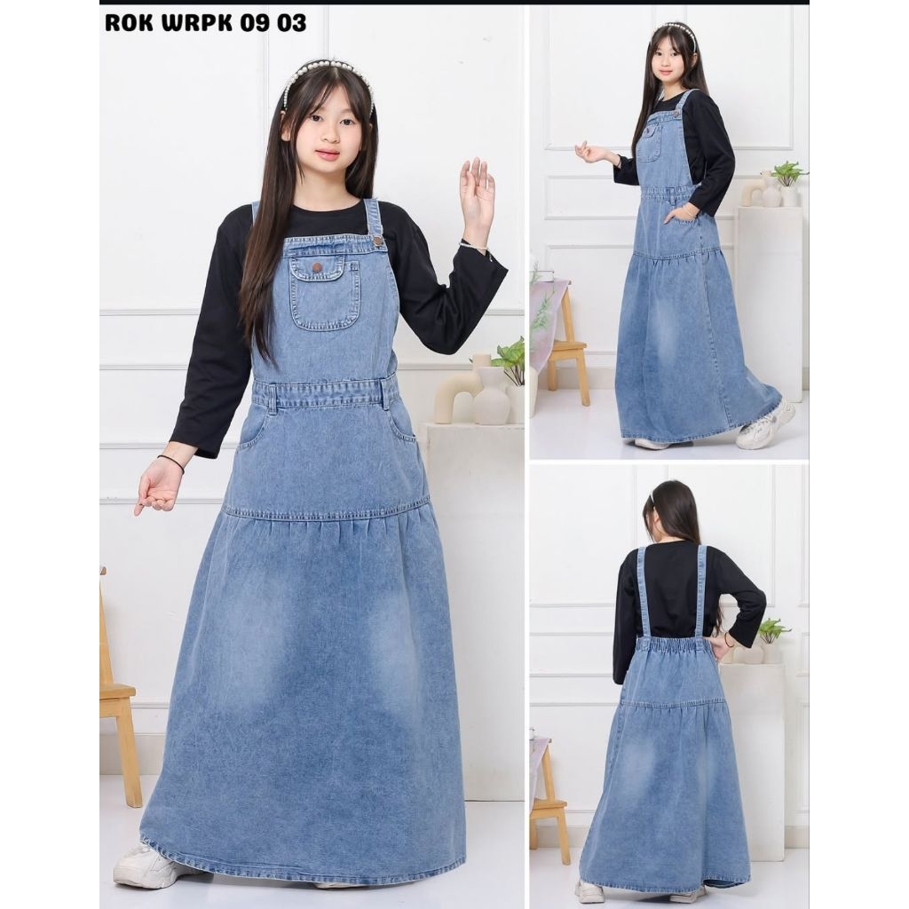Rok jeans wearpack / Rok jeans kodok panjang anak perempuan 6-12 tahun