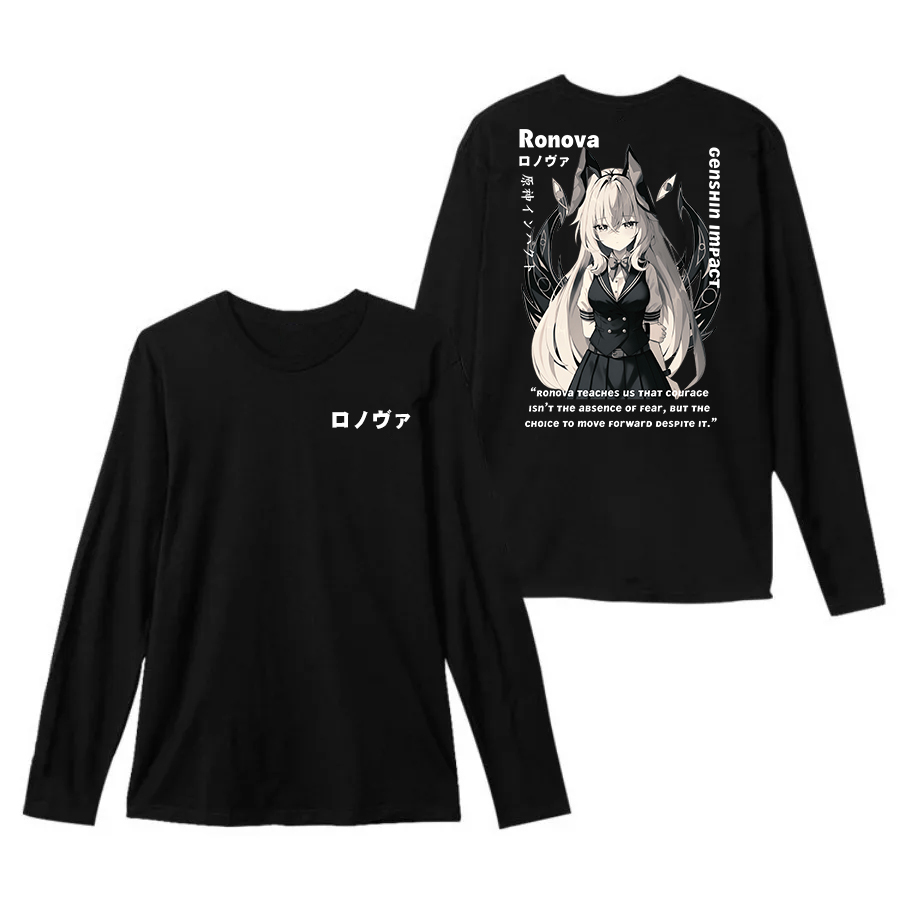 Kaos Crewneck Lengan Panjang Ronova Genshin Impact Katun Tebal Hitam Combed 24s Pria/Wanita T-Shirts
