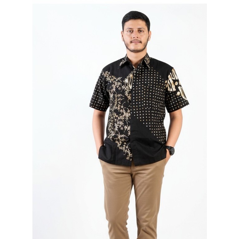 Kemeja Hem Batik Pria Lengan Pendek Hitam Putih 07 - Batik Nulaba
