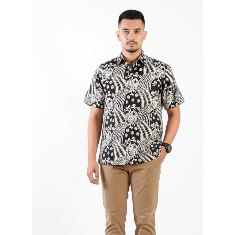 Kemeja Hem Batik Pria Lengan Pendek Hitam Putih 20 - Batik Nulaba