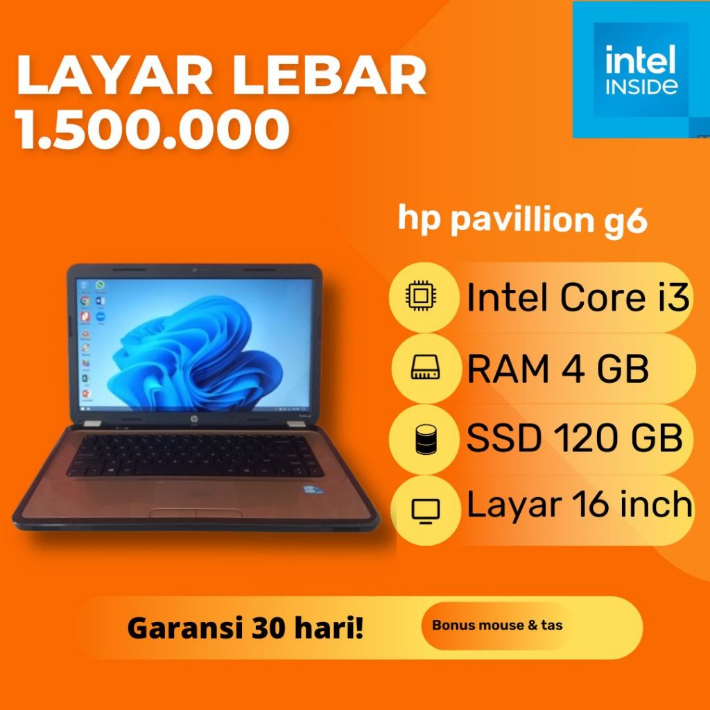 Laptop HP Pavillion g6-1012sx Gold Intel Core i3 380M RAM 4GB SSD 120GB Layar 15.6 inch Second Bekas