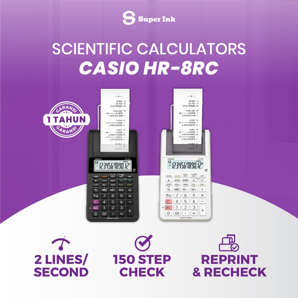 Casio HR-8RC Printer Mini 12 Digit, Cek & Koreksi 150 Langkah, Reprint, Fitur canggih, Desain Kompak