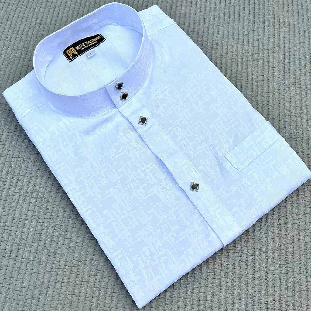 Baju Koko Pria Lengan Panjang Kancing Premium Motif Timbul Hitam Putih Muslim Baju Koko Melayu 2025