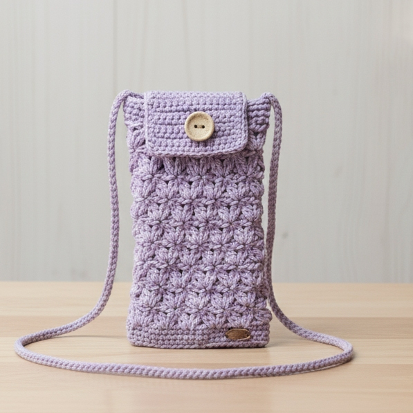 Tas HP Rajut Wanita Lilac Ungu Crossbody Selempang Tali Panjang Pouch Handphone Knit Korean Style