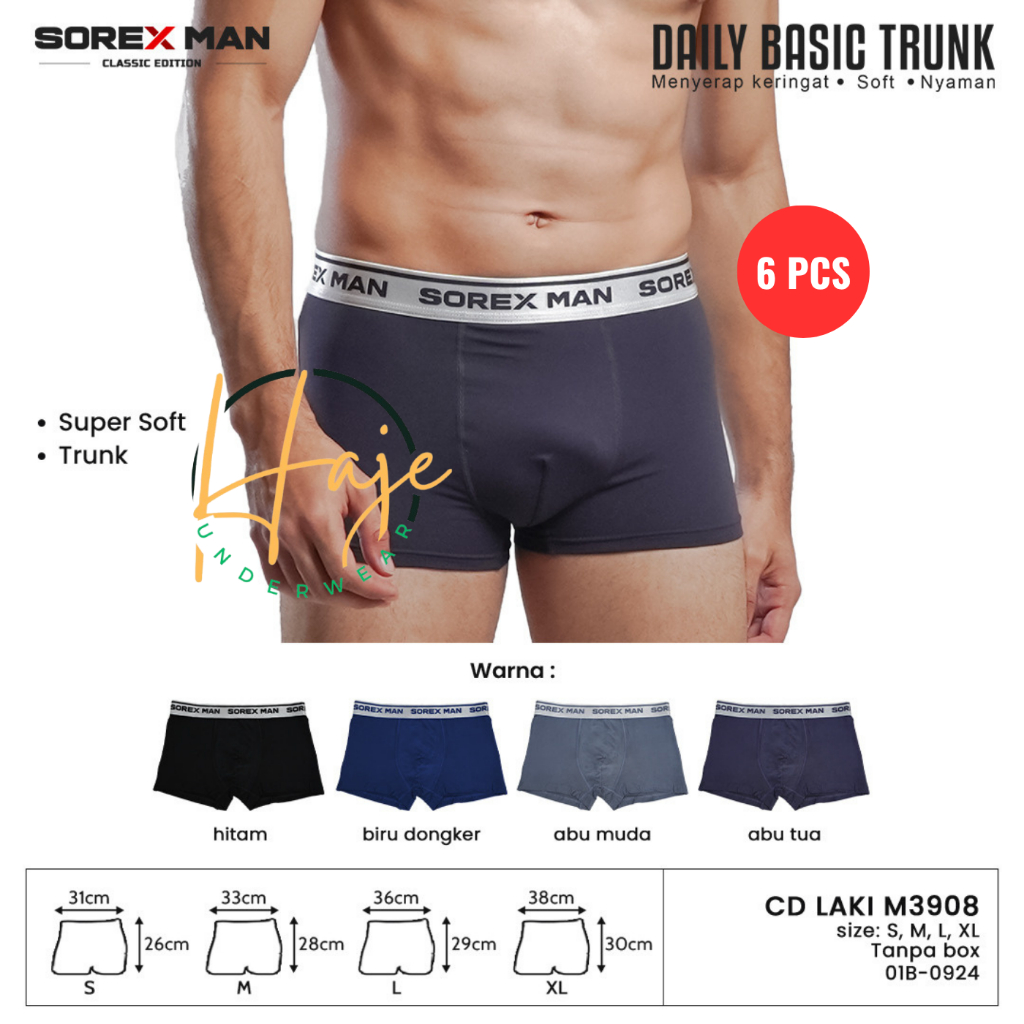 3 pcs-Sorex Man M3908 Celana Dalam Boxer Pria Daily Basic Trunk Super Soft Lembut Menyerap Keringat 