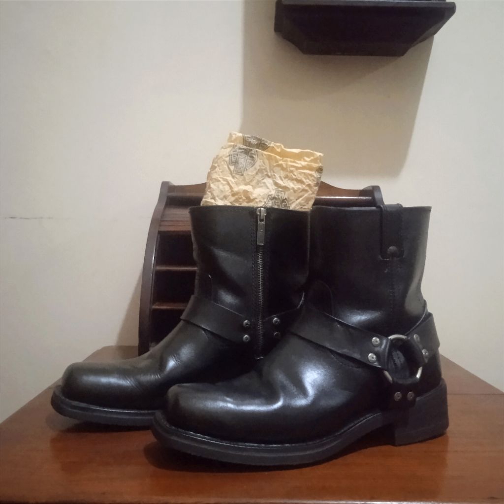 Antik Vintage Sepatu Boots Harley Davidson Kulit Hitam Size 40 Bekas Utuh