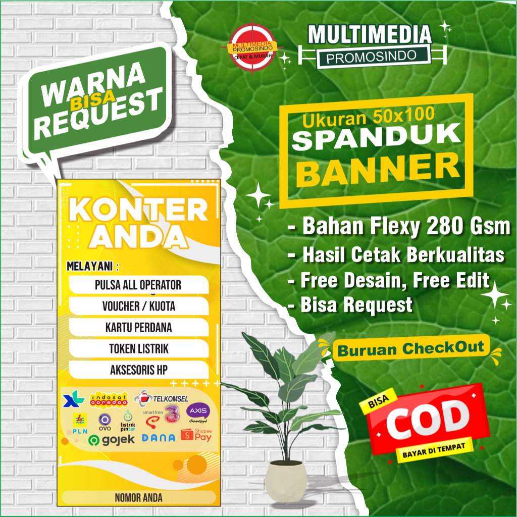 BANNER KONTER1 100X50CM FREE EDIT NAMA KONTER/SPANDUK KONTER/FREE DESAIN/MMT KONTER