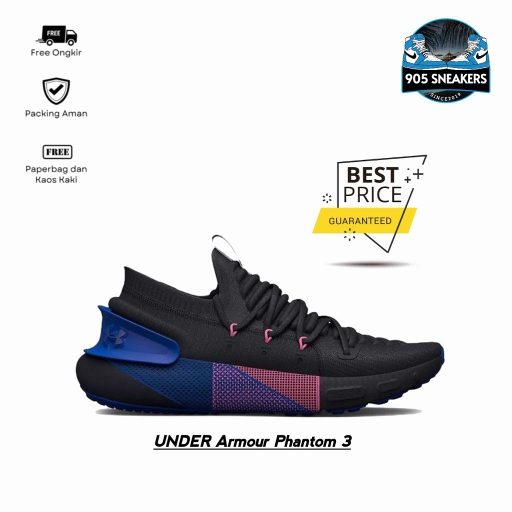 Sepatu Running Under Armour UA HOVR Phantom 3 Black Blue Pink BNIB