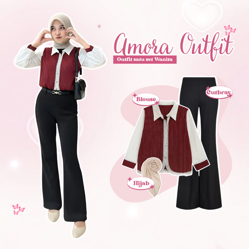 satu set outfit wanita Bangkok ( Blouse Maroon + Celana Scuba Cutbray Hijab ) One set DM0143N Cewek