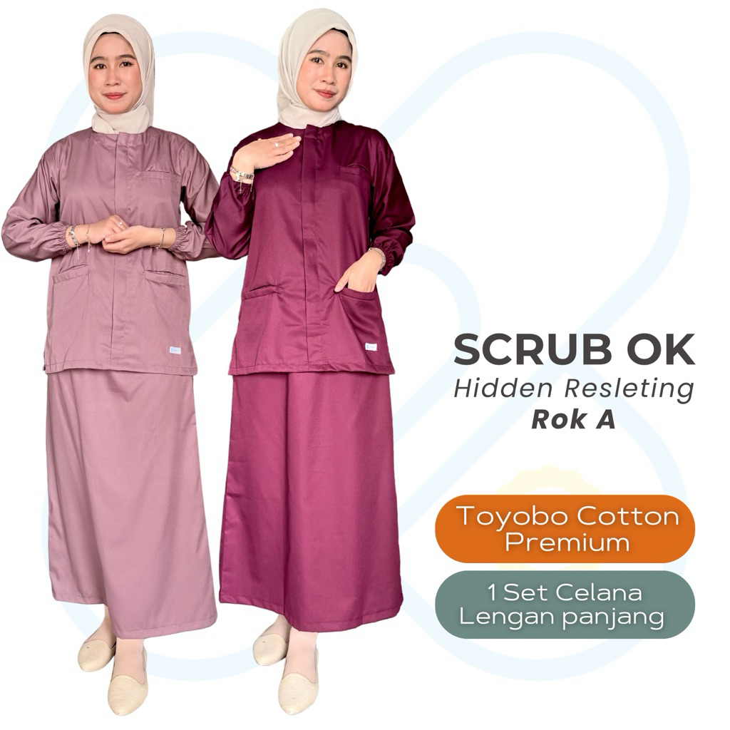 Baju OK Resleting Hidden Set Lengan Panjang ROK A/ Baju jaga Toyobo/ Scrub Dokter/ Scrub Medis S - X