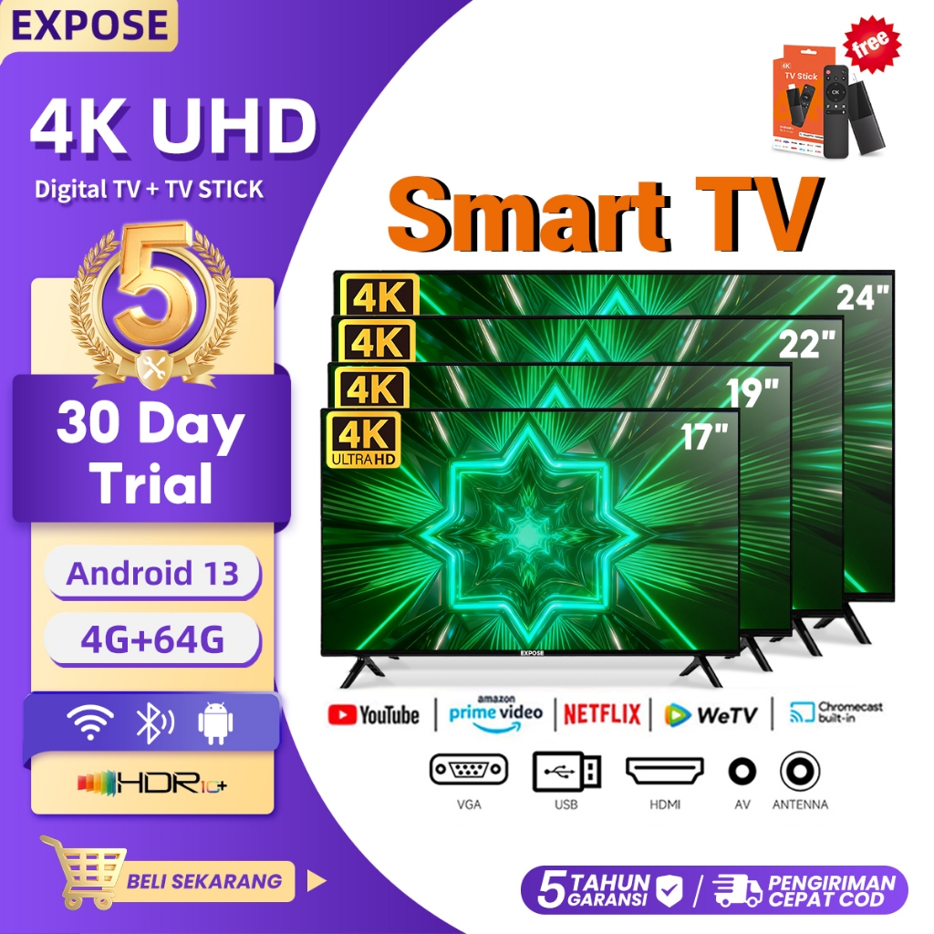 TV Smart 24 Inch 4K Netflix/Youtube 17/19/22/24 Inch Digital TV LED FHD Televisi Murah Monitor/CCTV