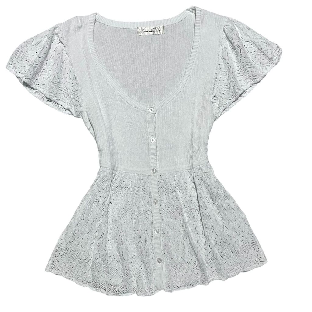 Babydoll Pointelle Eyelet Buttoned Up Shortsleeve Cardigan Knit Top | rajut outer bodyfit smock jepa