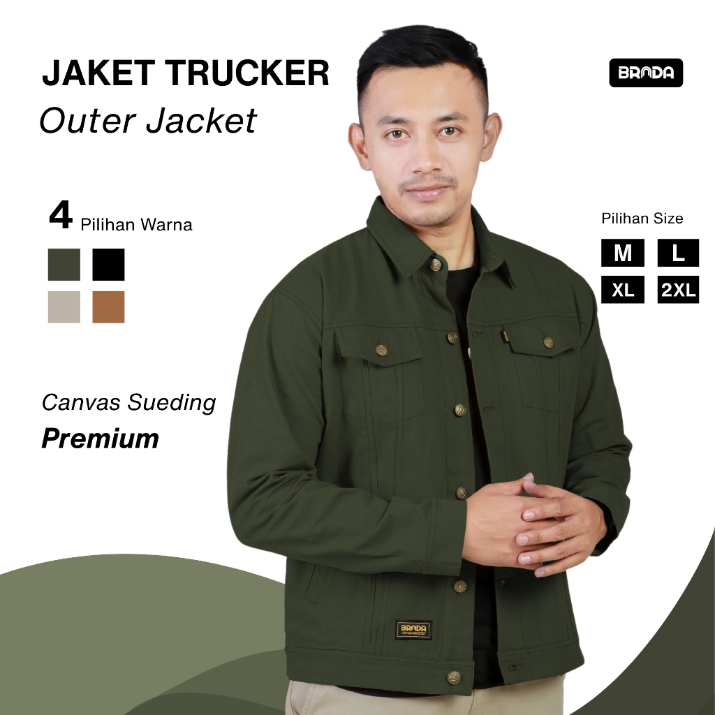 BRADA - Jaket Trucker Kanvas Pria / Jacket Casual Trucker Canvas Sueding - Hijau Army