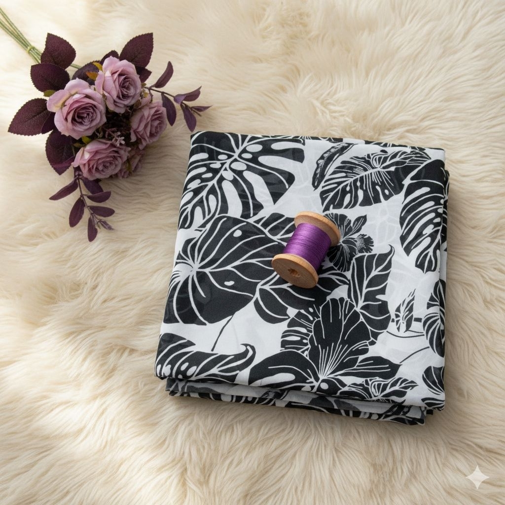 Kain Sifon Ceruty Motif Monokrom Daun Tropical Hawaii Hitam Putih | Bahan Dress Kemeja Pantai Casual